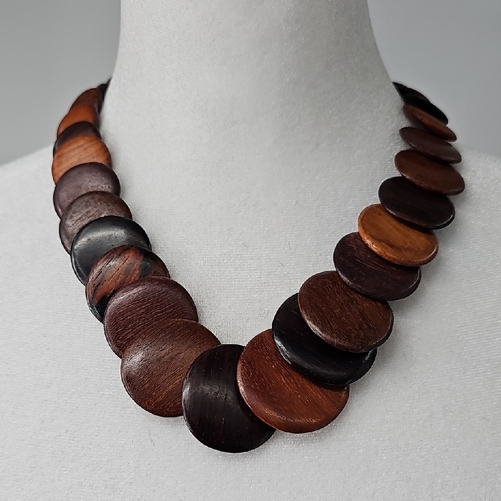 Vintage Wood Shades of Brown Circle Disc Necklace Cottagecore Nature Earthy